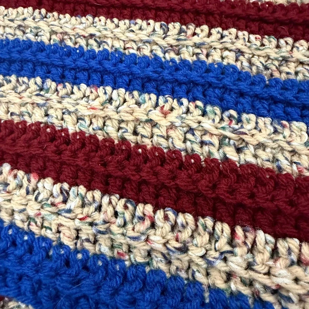 Hand Crocheted Vintage Afghan‎ Blanket Blue Red  Americana Cottagecore